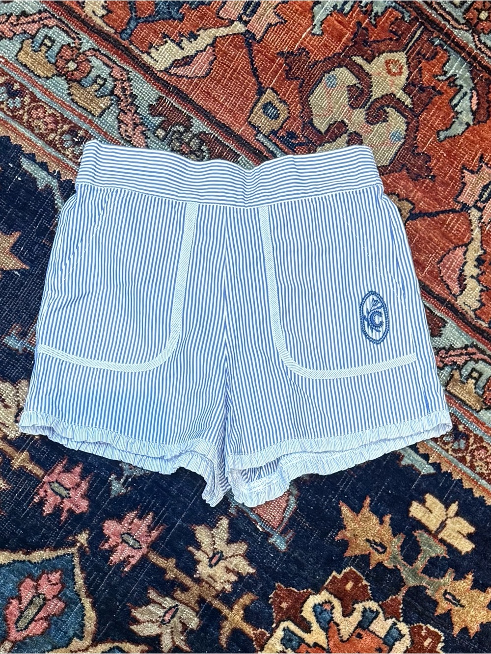 Chloe Blue & White Pinstripe Ruffle-Hem Shorts